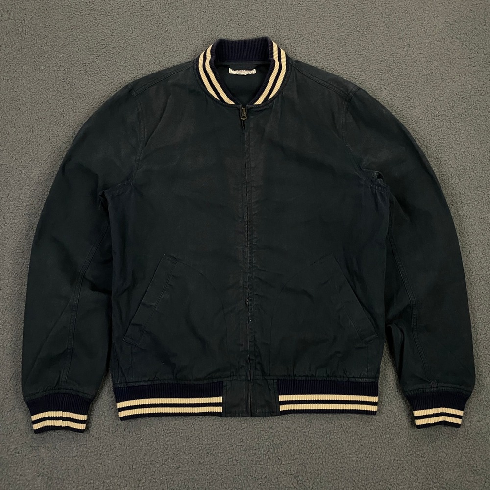 Wallace & Barnes Bomber Jacket Mens Medium Navy Blue Striped Trim Varsity Prep